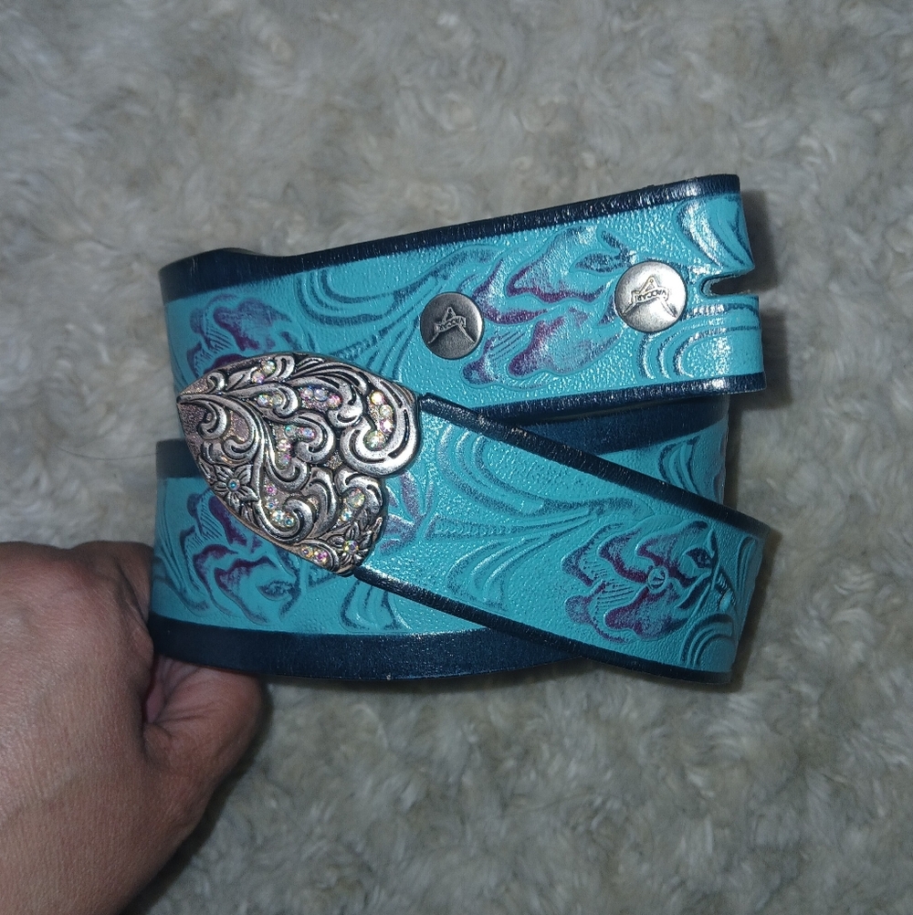 💎 VACCARI Women's Turquoise Tooled Leather Belt NO BUCKLE - Picture 2 of 11